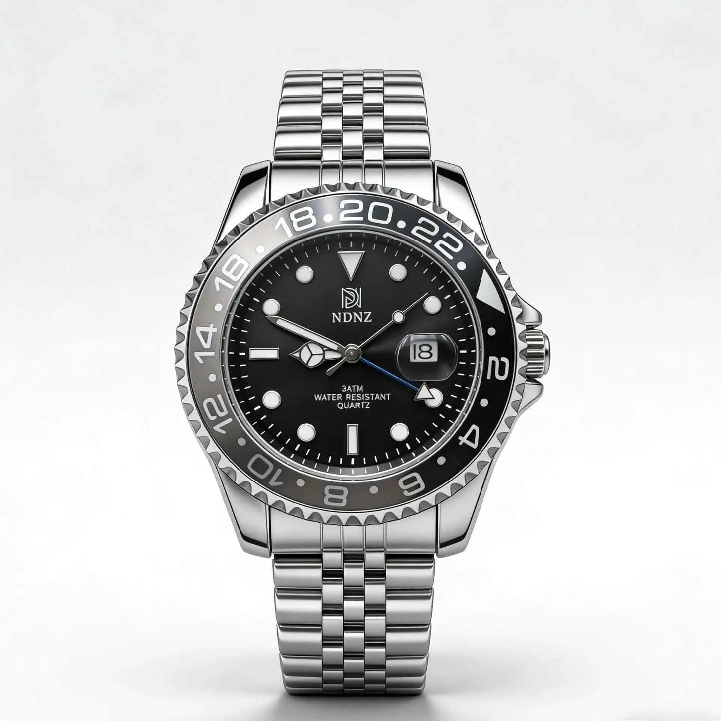 Men's GMT Style Quartz Watch, 3ATM Waterproof Stainless Steel Band, Black Blue Bezel Luminous Wristwatch with Date Display