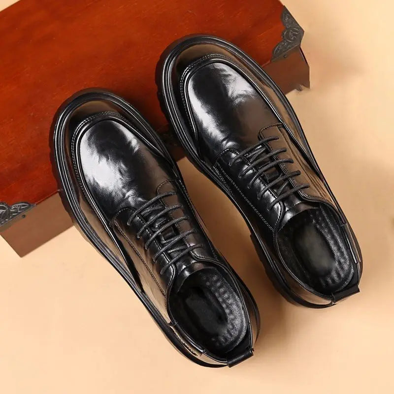 Round Toe Height Increasing Thick Sole Black Leather Shoes for Men Low Price High Quality Social Fashion New in Man Casual Shoe