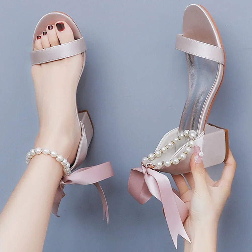 String Bead Sandals for Women Summer Peep Toe Sandals Ladies Fashion Ribbon Bow Thick High Heels Sexy Wedges Wedding Shoes 35-43