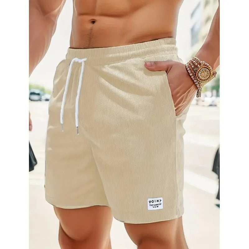 Men's Workwear Shorts Summer Casual Corduroy Loose Elastic Waist Multi-Pocket Leisure Pants Embroidery Retro Style Male Trousers