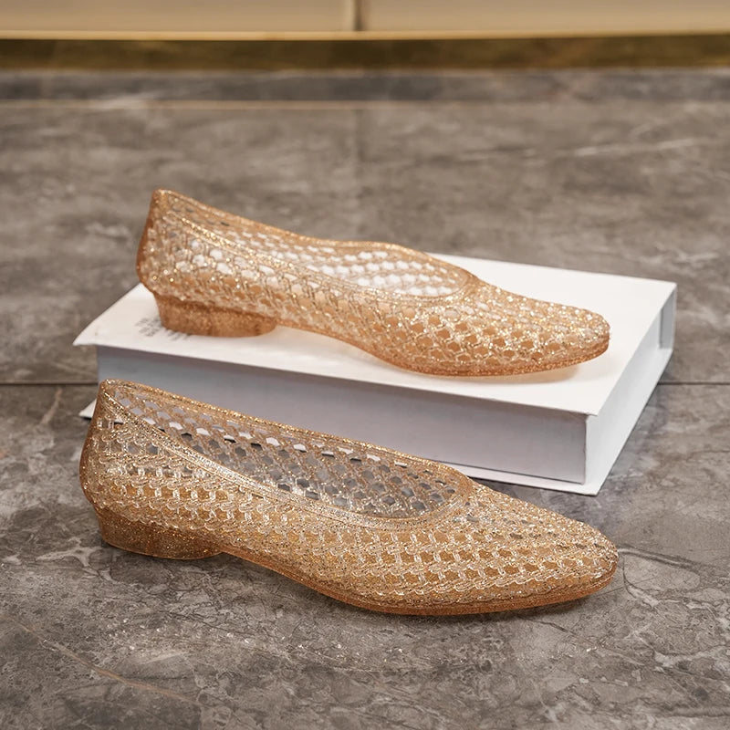 Summer Flat Sandals Women Hollow Out Crystal Plastic Jelly Shoes Mesh Outdoor Sandals