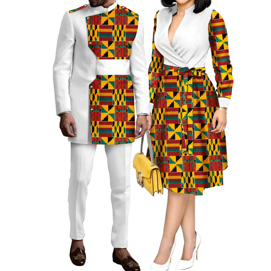 SEA&ALP African Kente Prints Couple Clothes for Wedding Dashiki African Men Long Sleeved Pants Set Matching Women Dresses