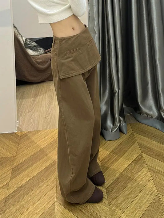 Design Sense Splicing Stacked Skirt Pants Retro Fake Two-piece Floor-mopping Trousers