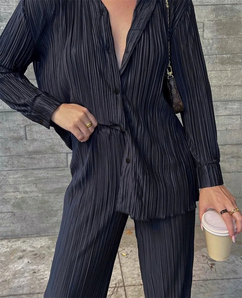 New Two Piece Set Women Outfits Pleated Women's Elegant  Drape Loose Sets Shirt High Waist Trousers Female Suit Fashion Casual