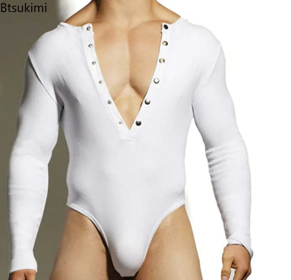 Sexy Home Style Men Rompers Deep V-neck Breathable Stretch Solid Simple Jumpsuits Casual Fashion Long Sleeved Triangle Bodysuits