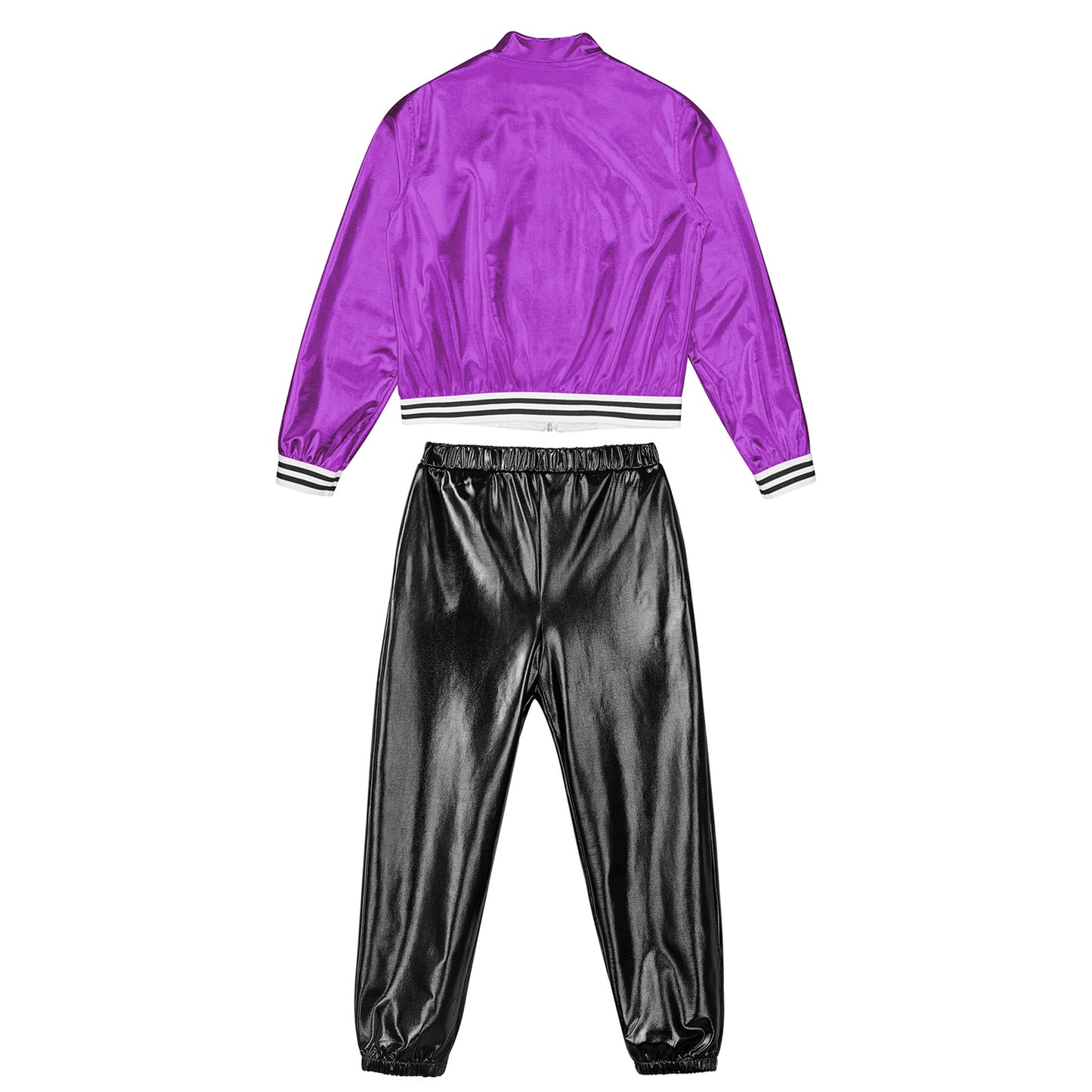 Kids Girls Sports Outfits Jazz Hip Hop Street Dance Costume Shiny Metallic Long Sleeves Bomber Jacket Coat with Pants Streetwear