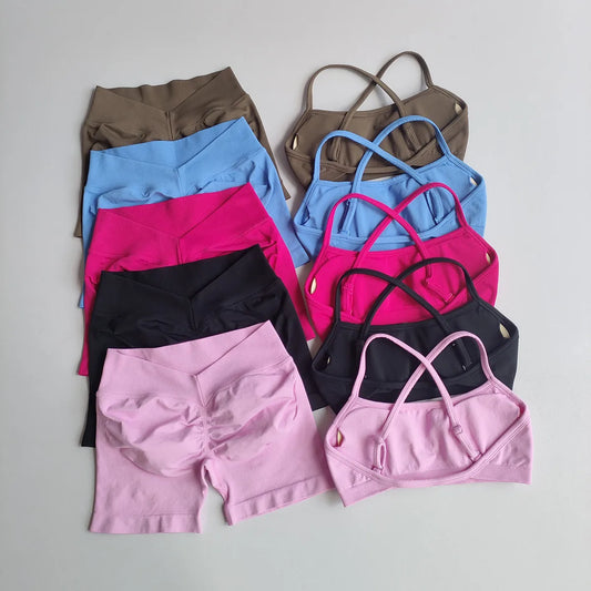 Sports Shorts Set 2 Pieces Seamless Yoga Set Women Workout Tracksuit Sports Bra and Yoga Shorts Suits Sportswear Fitness Gym Set