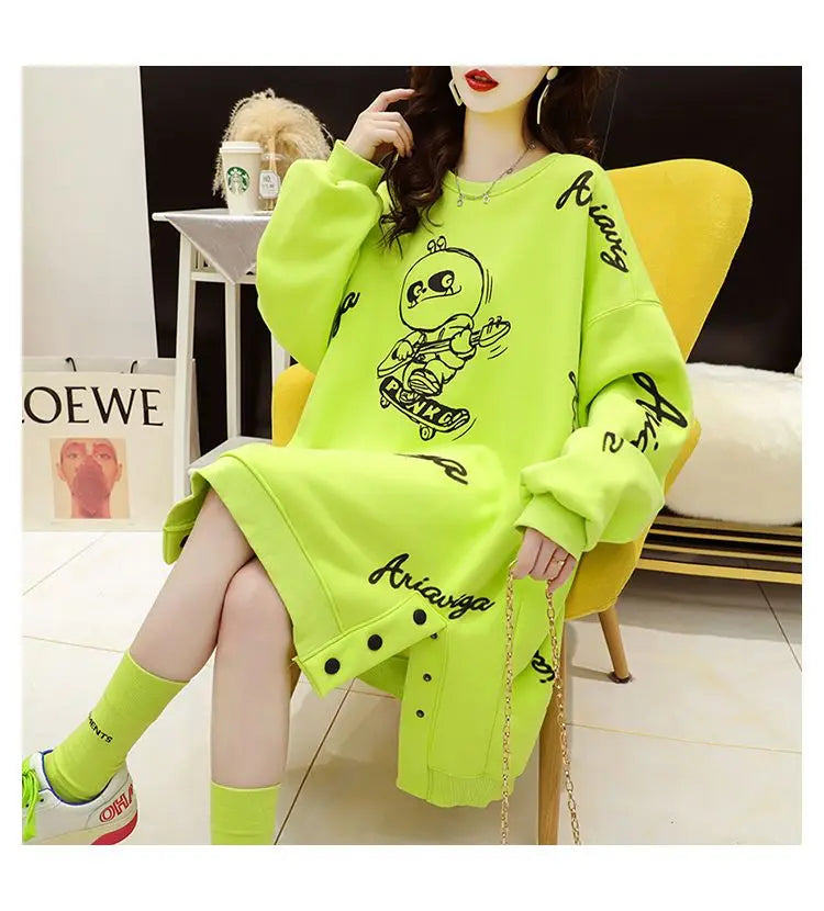 Spring Autumn Y2K Harajuku Printed Sweatshirts Women Round Neck Long Sleeve Mid-length Pullovers Korean Button Asymmetrical Tops