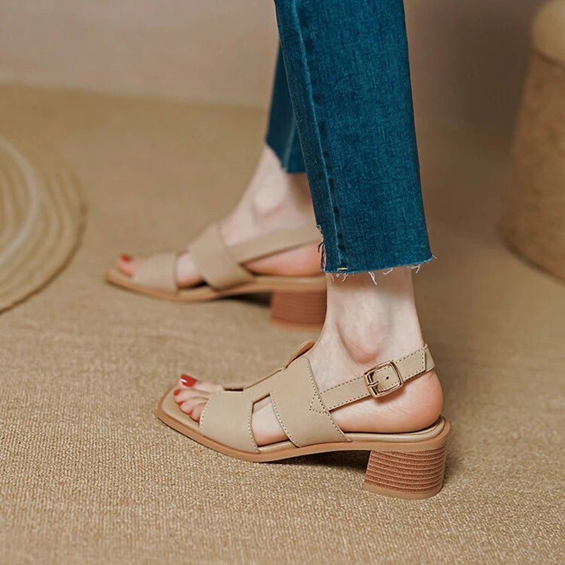 2025 Summer Women Shoes Square Toe Chunky Heel Women Sandals High Heels Ladies Shoes Casual Leather Shoes Women Genuine Leather