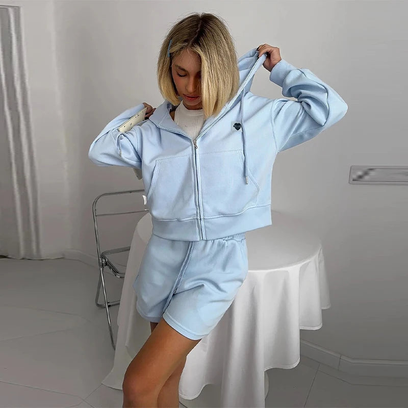 Fashion Women's Hoodie Shorts Pants Long Sleeve Pocket Lace Up Short Pants Lady Set 2025 Summer Autumn Casual 2 Piece Set Women