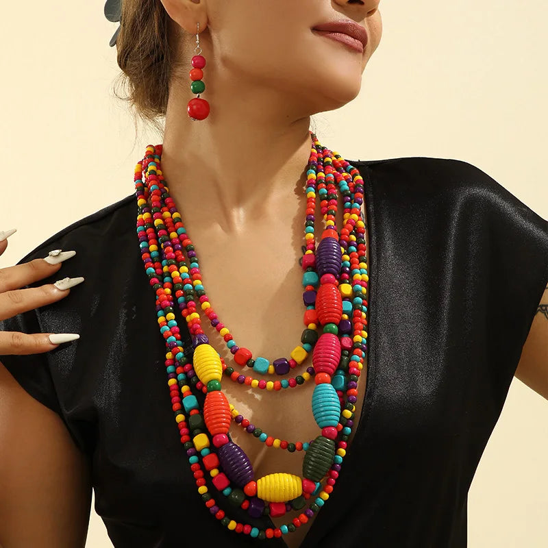Colorful African Style Multi-Layer Wooden Bead Jewelry Sets Chokers Necklace Colorful Bohemian Necklace Earrings Set Party Jewel