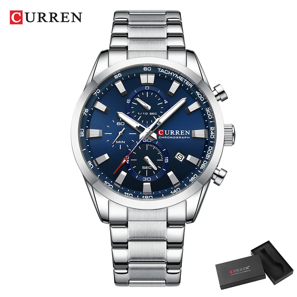 CURREN  New Sports Multifunction Stainless Steel Band Watches Fashion Brand Quartz Men's Wristwatches with Date