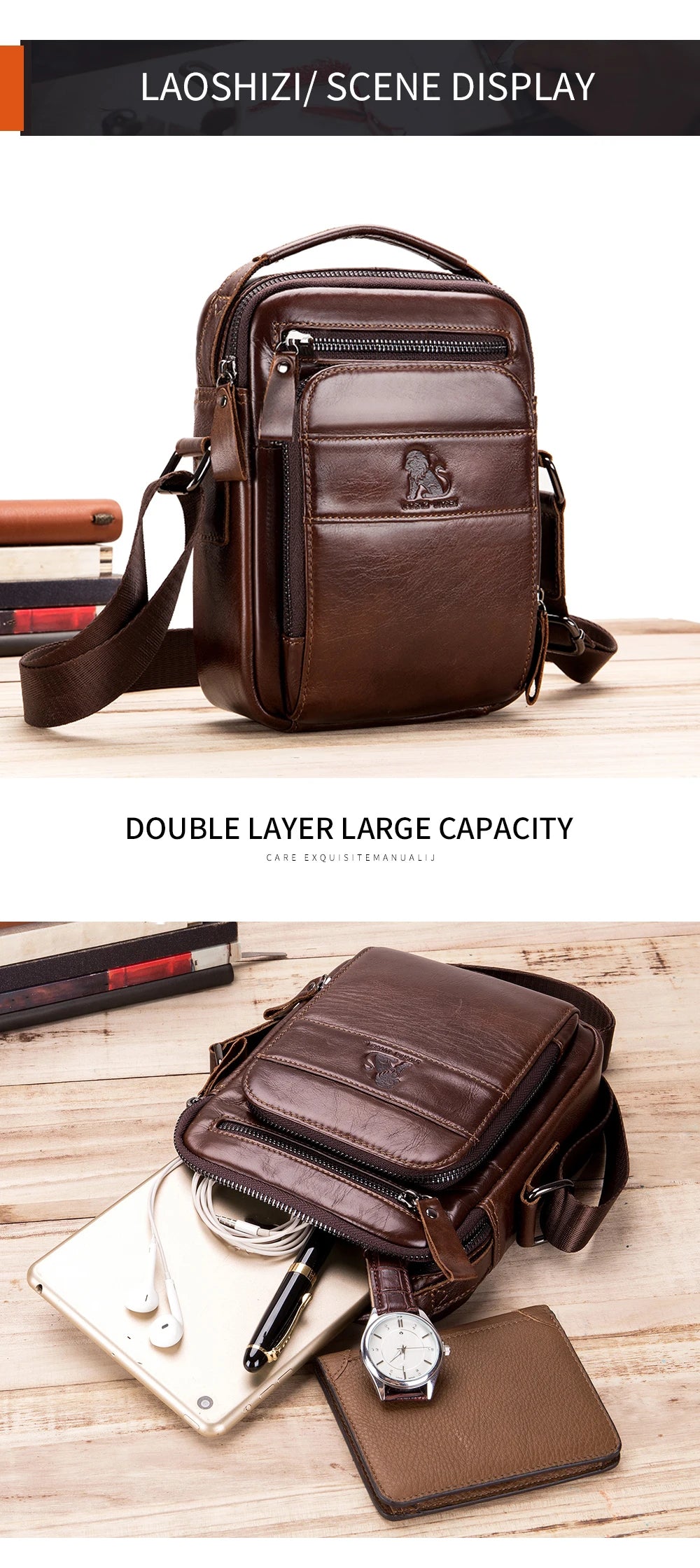 Cowhide men's small shoulder bag with top layer, cowhide single shoulder diagonal cross bag, fashionable and sporty small bag