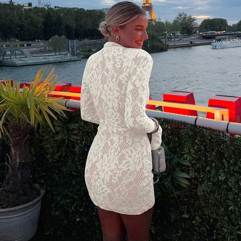Suninheart Hollow Out Long Sleeve Cocktail Dress Women Lace Stand Collar