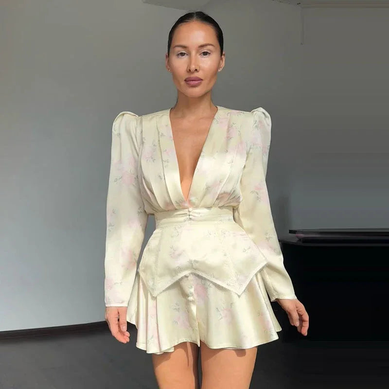 Casual Printed Mini Dress Women Full Sleeve Button V-neck Lady Short Dresses Waist Tape 2026 Spring Summer Female Robe Beach