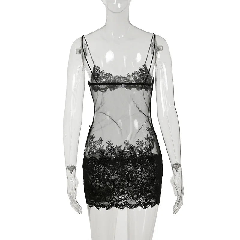 Lace Transparent Mini Dress Sexy Women Wrapping Spaghetti Embroidery Flower Sheath Nightwear Club Mesh Wave Fantacy