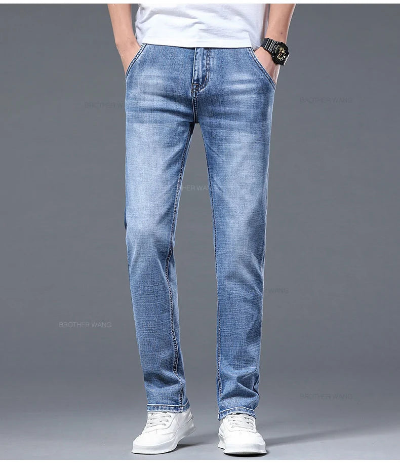 Classic Summer Men's Thin Stretch Fit Jeans Business Casual Slim Fit Denim Pants Soft Fabric High Quality Straight Leg Trousers