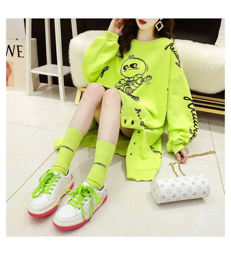 Spring Autumn Y2K Harajuku Printed Sweatshirts Women Round Neck Long Sleeve Mid-length Pullovers Korean Button Asymmetrical Tops