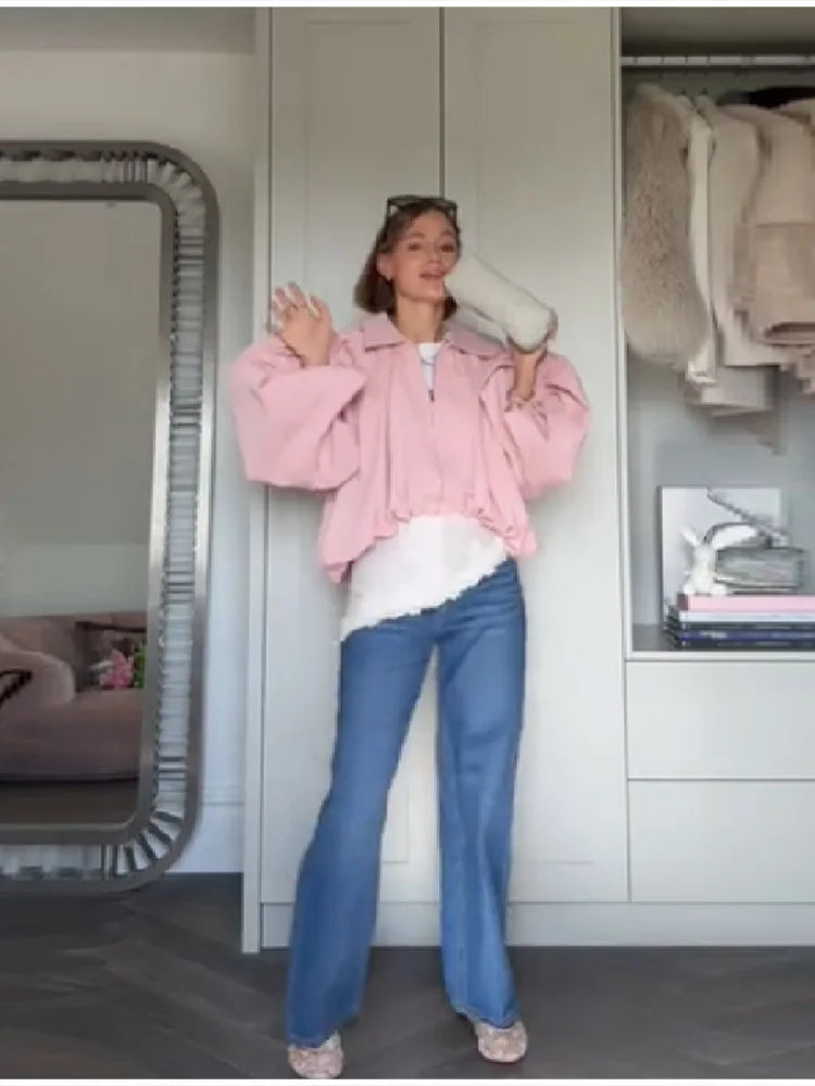 Women's Pink Puff Sleeve Pleated Bomber Jacket Casual Sweet Irregular High Waist Zipper Loose Crop Coat Daily Commute Outerwear
