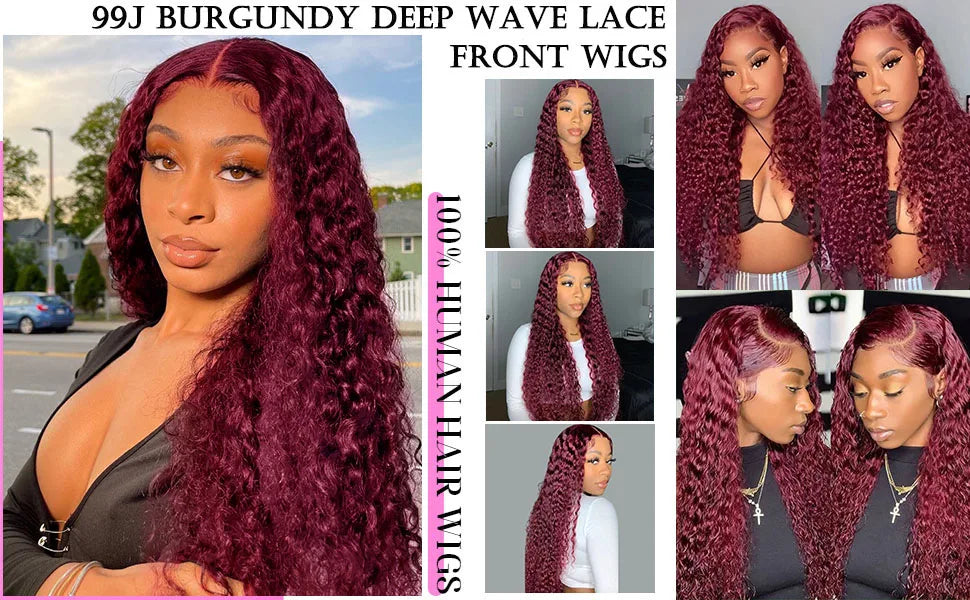 Burgundy 13x6 Hd Lace Front Human Hair Wig Curly Wig Red Wigs 40 Inch Transparent Lace Deep Wave Frontal Wig 99j 200 Density