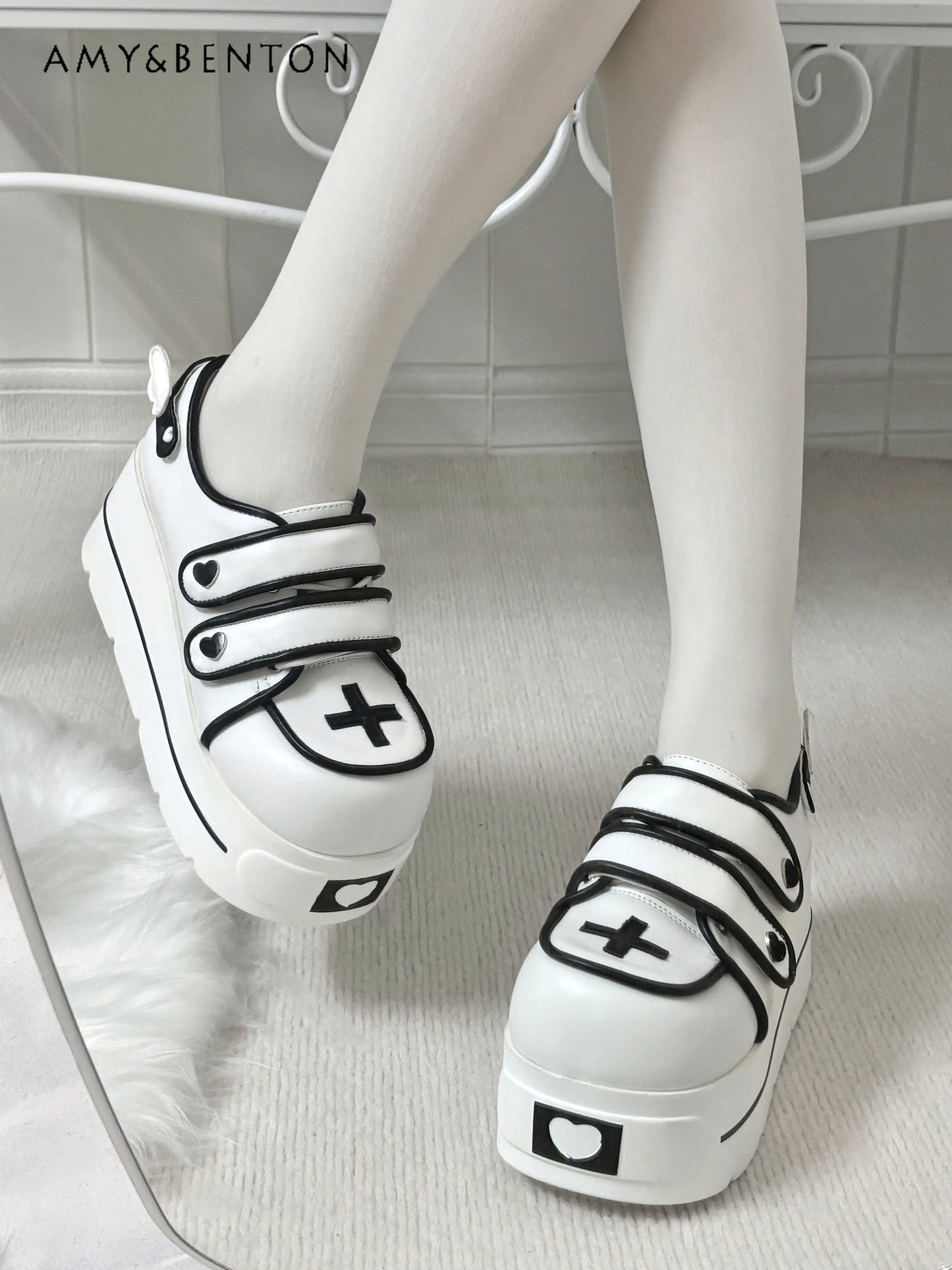 Original Japanese Cute Cross Print Thick-soled Muffin Shoes Subculture Sweet Cool Girl Round Head Pu Leather High Heels Women