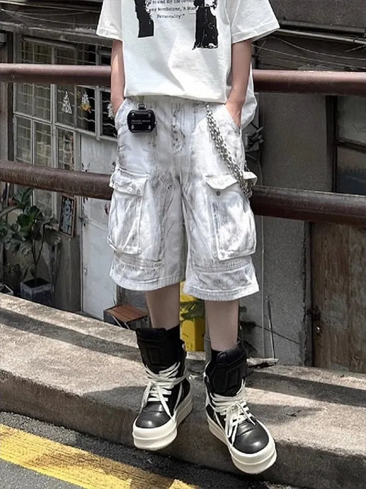 Summer Washed Distressed Workwear Shorts Men's Trendy Street Style Loose Wide Leg Big Pocket Seven-Foot Pants Casual Trousers