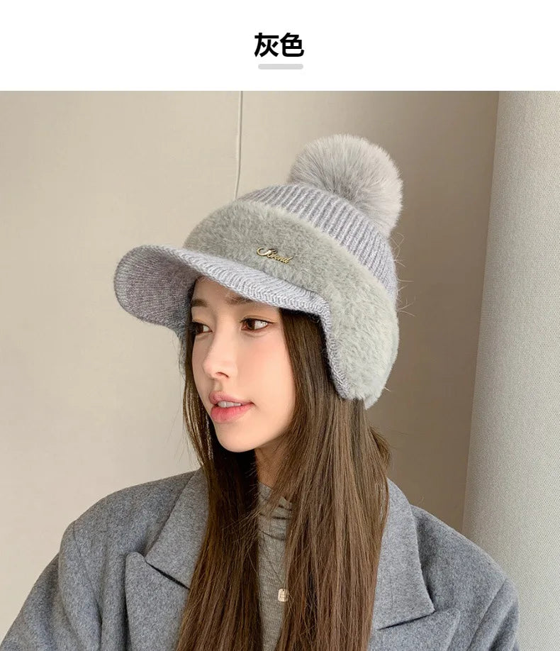 Winter Caps Patchwork Mink Fur Ear Protection Plush Hat Fashionable Solid Color Simple Wool Ball Knitted Hat For Women Cap BAZAARHUBO