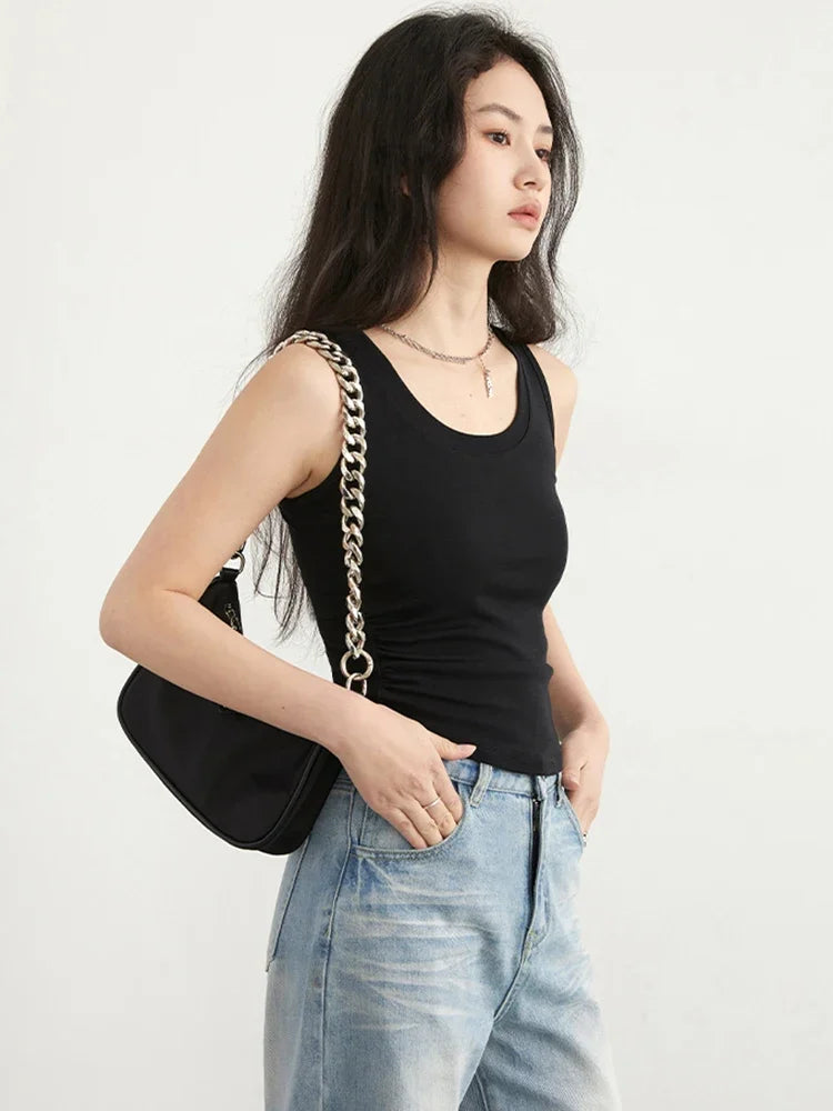CHIC VEN Women Tanks New Solid Color Tees U-neck Pleated Vest Suspender Sleeveless Slim Female Top Spring Summer 2024
