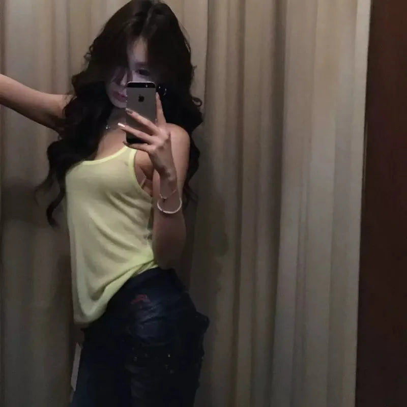 American Style Sexy See-through Slim Camisole Women 2026 Summer New Streetwear Backless Bow Patchwork Casual Tops
