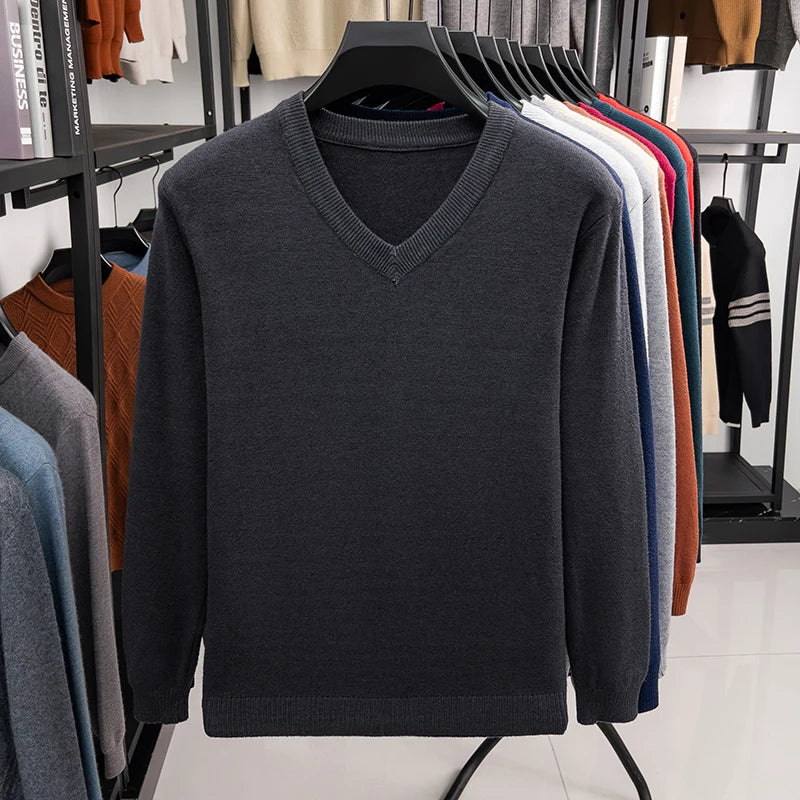 2026 Men's V-Neck Basic Solid Color Sweatshirt Warm Autumn Knitted Oversize Pullover Elastic round Neck Sweater for Casual Wear BAZAARHUBO