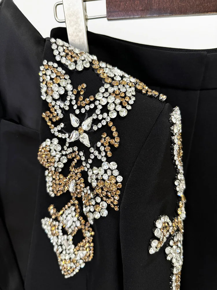 HIGH STREET Newest 2026 Designer Suit Women Beaded Diamonds Stand Collar Single Button Blazer Wide-leg Pants Set 2PCS
