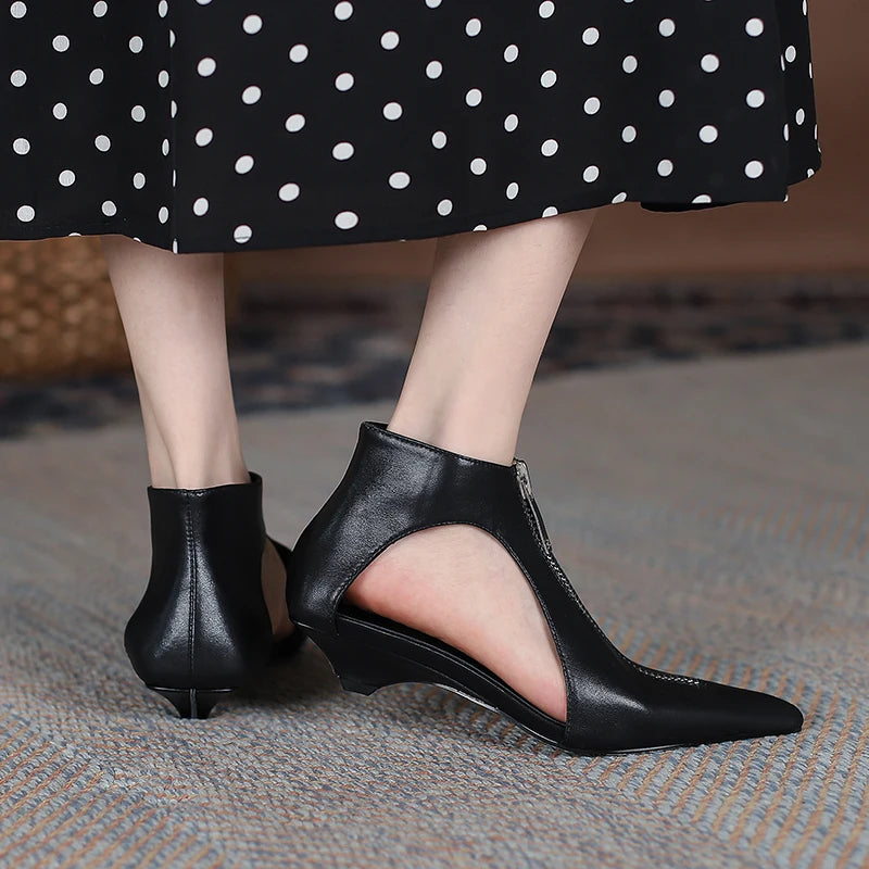 Original Design 2025 Spring Leather Women's Casual Black White Summer Boots Trendy Fashion Boots High Heels Zipper Shoes Woman