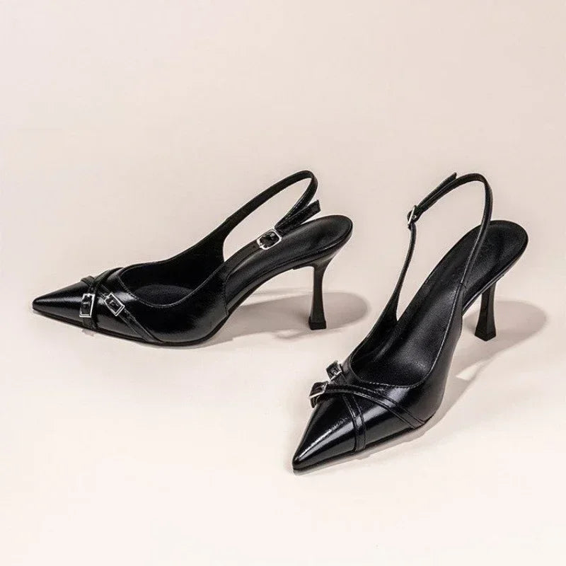 Summer Elegant Buckle Decorated Black Stiletto Women's Sandals Fashion Pointed Toe Shallow Mouth New Sexy High Heels