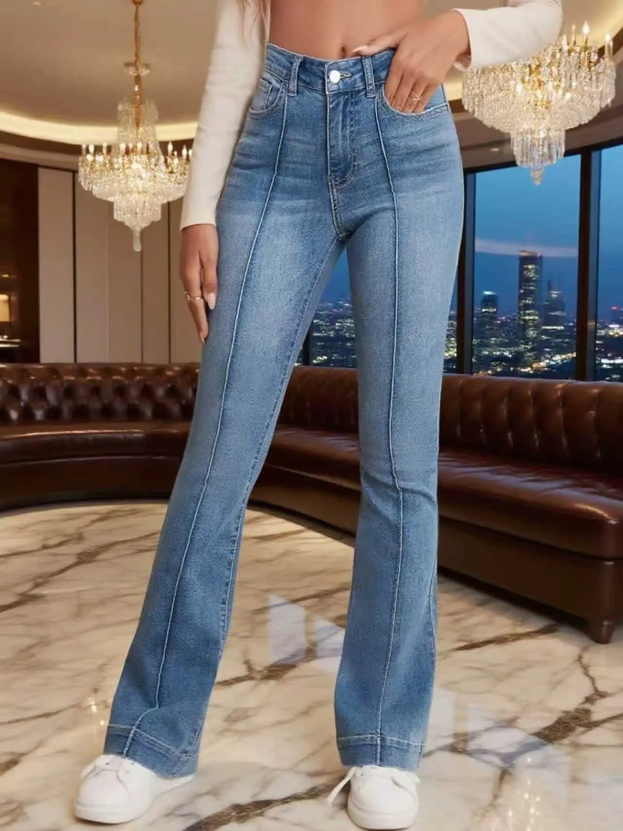 Gray Stretch Womens Slimming Flared Jeans With Seam Detailing Bootcut Trousers