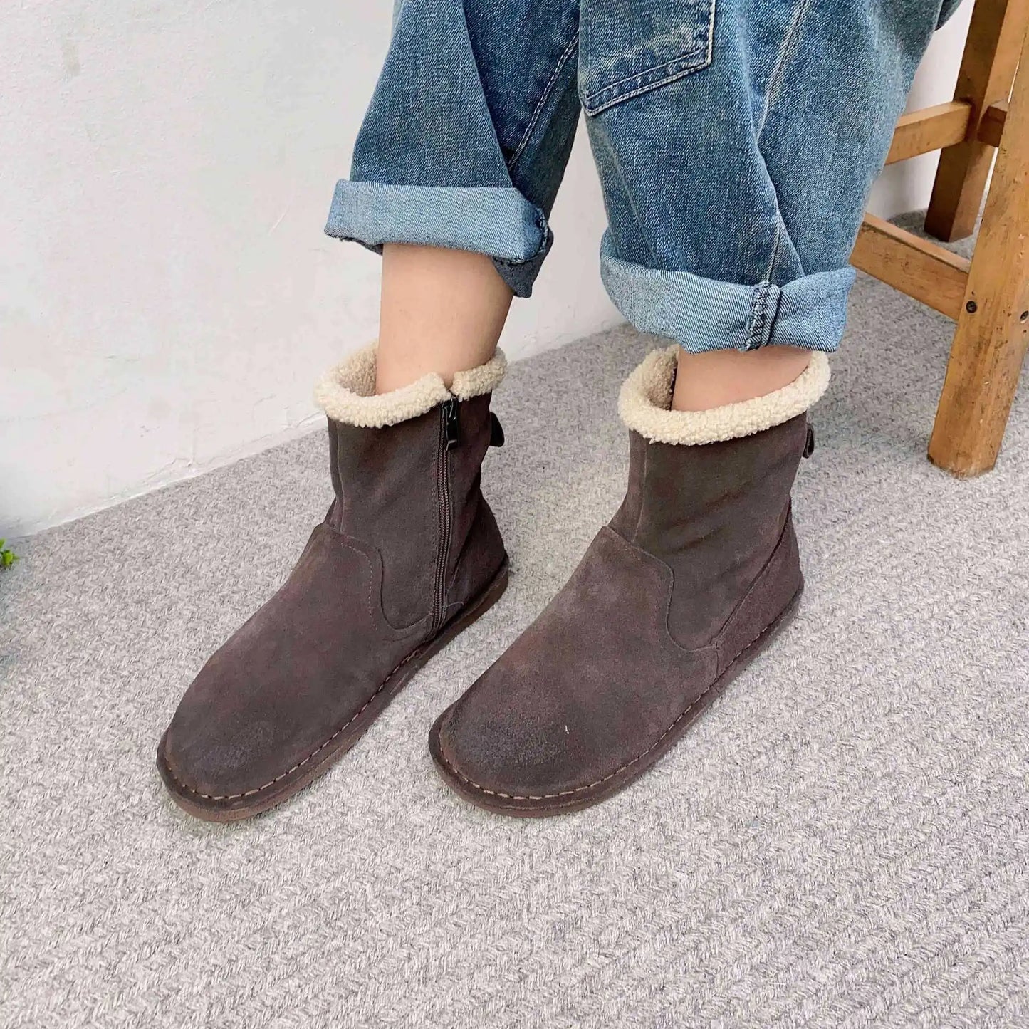 Careaymade-Genuine cow leather Snow cotton round head flats woolen short boots plush warm snow boots Oversized shoes size 35-43