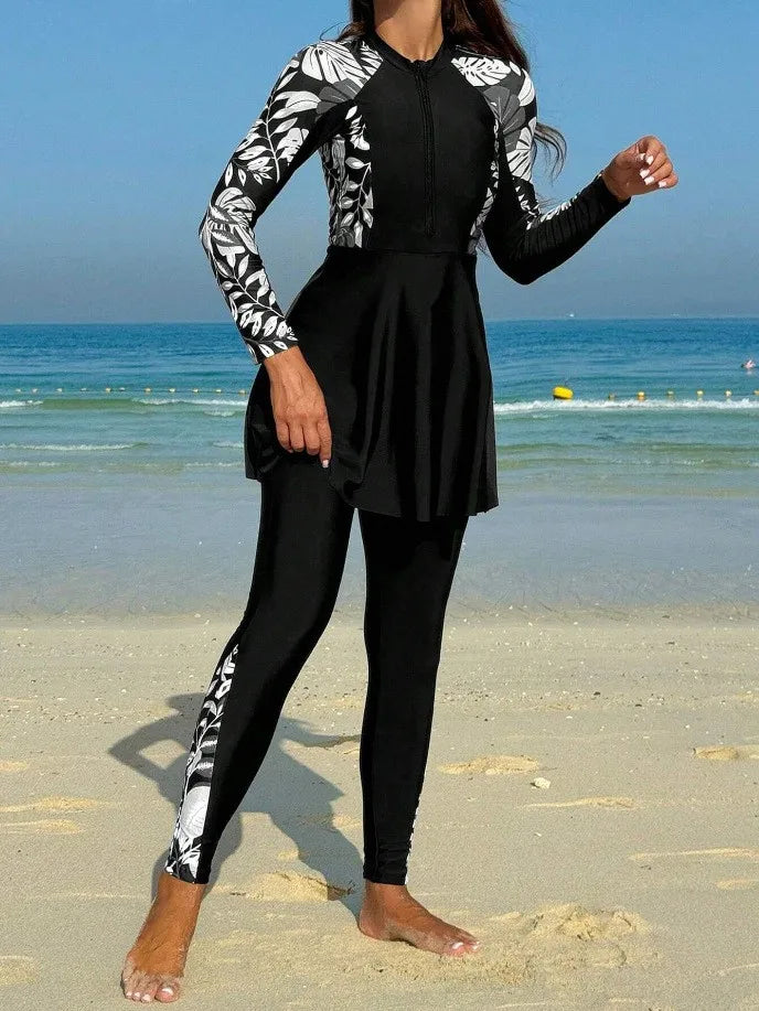 Burkini Femmes Swimwear Long Sleeve Black Tunic Swimsuit Full Leggings Front Zipper Swimming Suit Sun Protection Two Piece