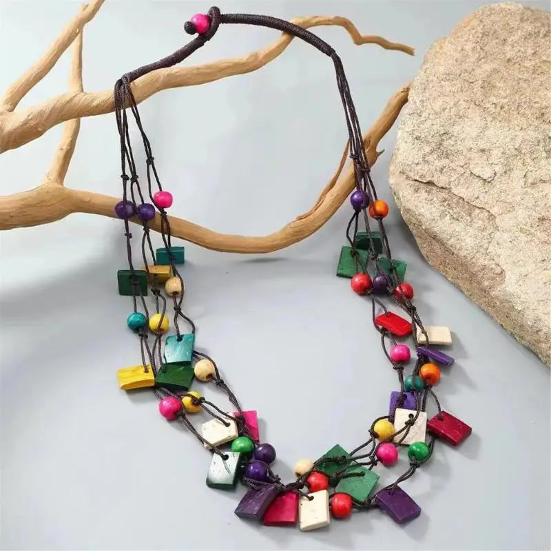 Multilayer Colorful Irregular Pendant Necklace African Styles Wood Beads Jewelry Accessory for Women Casual Wear