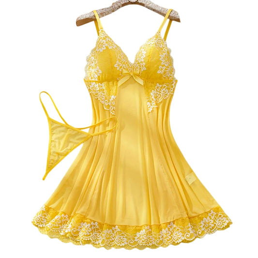 2 Piece Transparent Set Lace Bra Slim Nightgown Set With Thong Erotic Lingerie Pajamas Plus Size Porno Night Dress Sexy Babydoll
