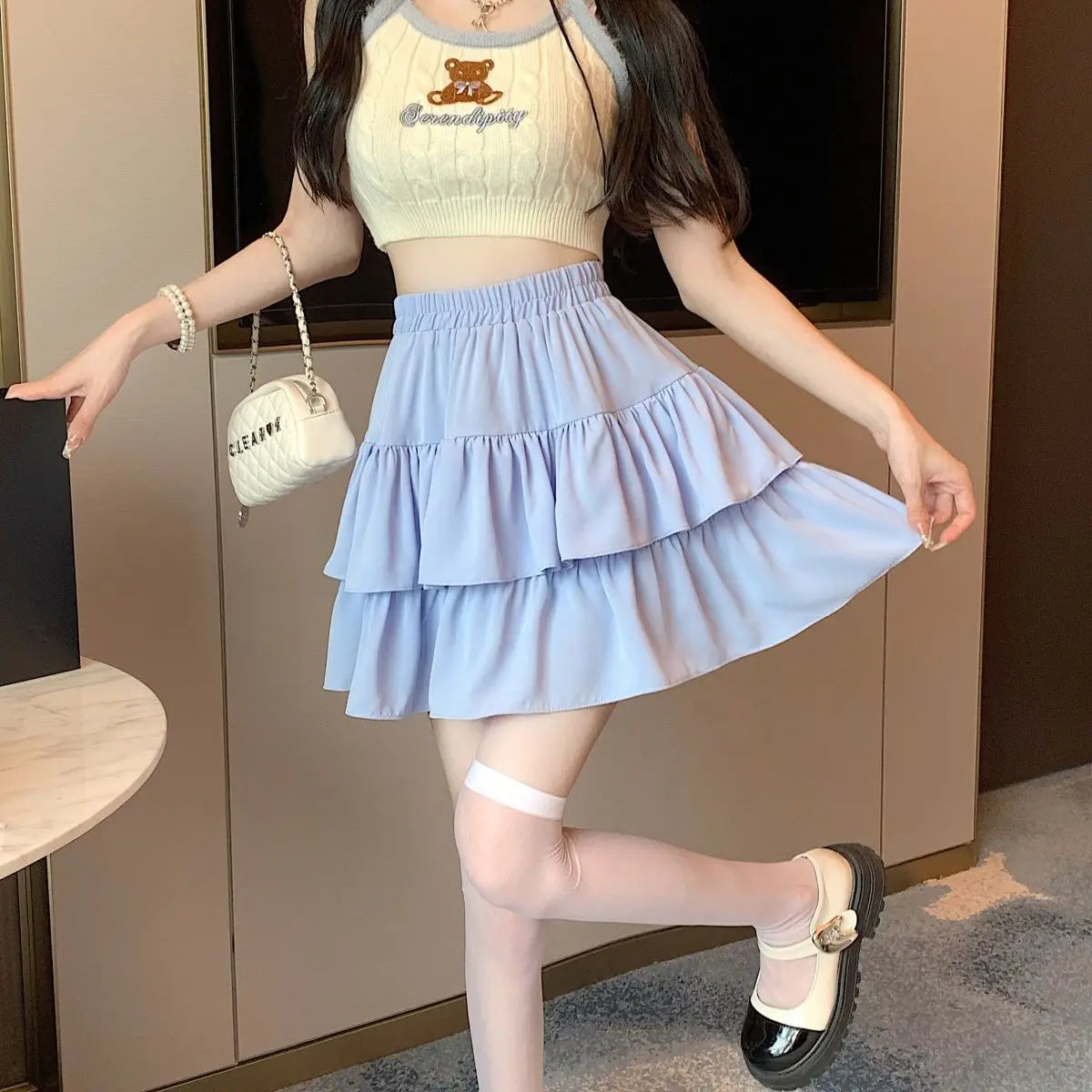 Ruffled Cake Skirts for Women High-waisted A-line Solid All-match Sweet Lovely Girls Korean Style Gentle Spring Kawaii Casual