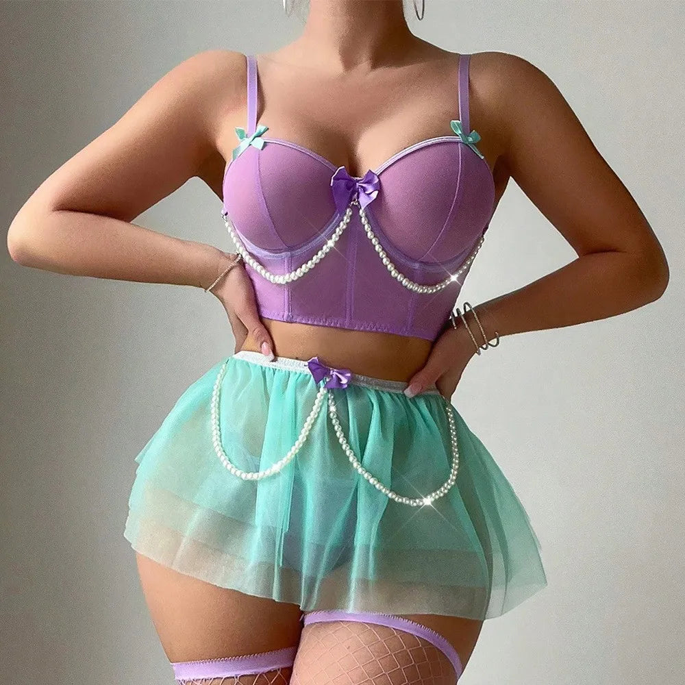 Women Sexy Exotic Set Bow See Through Lingerie Bra Thong Set Elegant Ladies Pornos Suit Underwear Sexy Costumes