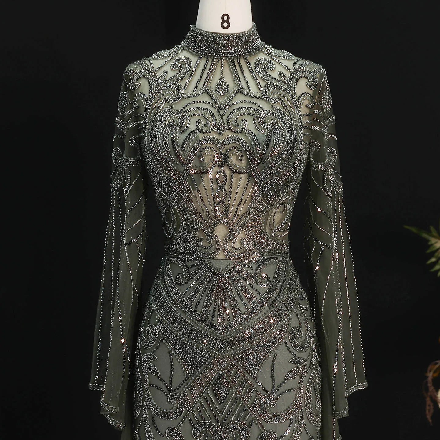 Sharon Said Dubai Black Evening Dress Geometric Beaded Pattern Long Flare Sleeve شارون سعيد Women Formal Prom Gown SS055 Custom