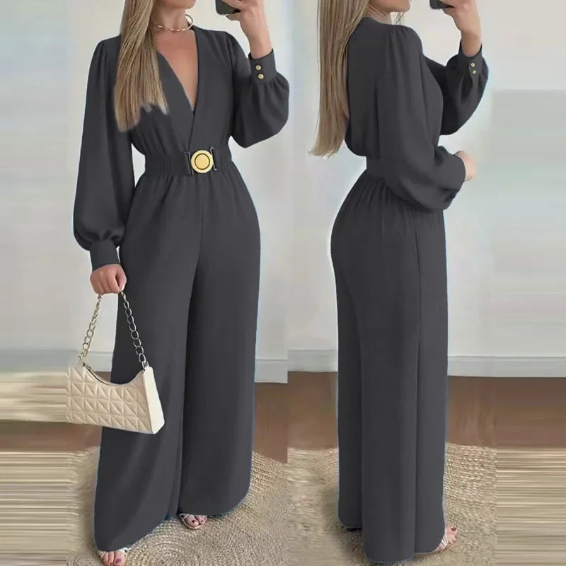V Neck Solid Long Jumpsuits Fashion Commuting Belt Lace-Up Puff Sleeves Wide Legger Romper Casual Long Sleeve Women's Playsuit