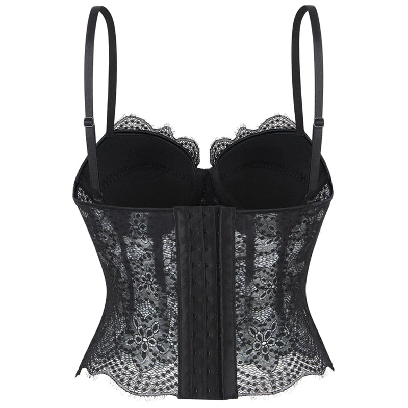 Women Corset Lace Fish Bone Bustier Vest Sexy Mesh Breathable Crop Top White Spaghetti Strap Lace Bra Burlesque Lingerie