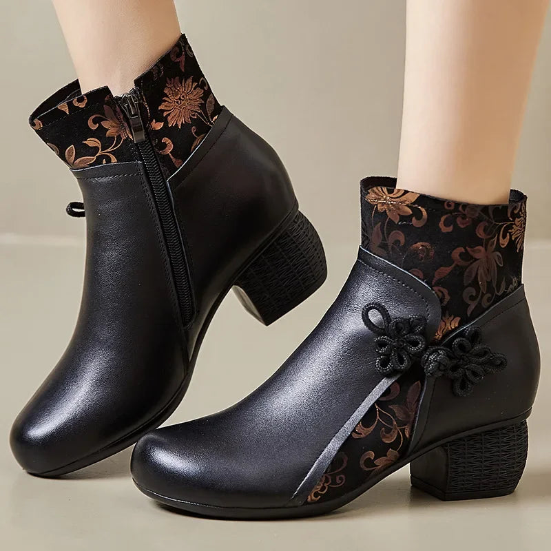 2025 Leather Ankle Boots Women High Heels Black Shoes for Women Handmade Genuine Leather Women Knight Boots Sale