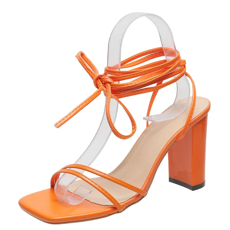 2024 women's summer oversized women's shoes wearing square toe tie up high heels, cross tie up sandals women's slippers