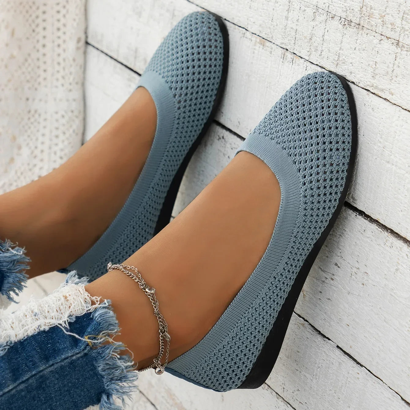 Women Round Toe Flat Shoes Solid Color Knitted Slip on Shoes Casual Breathable Ballet Flats Women Mesh Flat Shoes Loafers Woman