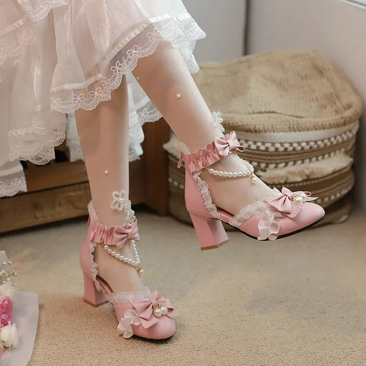 Ochanmeb Sweet Kawaii Girls Lolita Shoes Thick High Heels Cosplay Pumps Bow Knot Pearls Chain Ruffles Lovely Wedding Party Pumps
