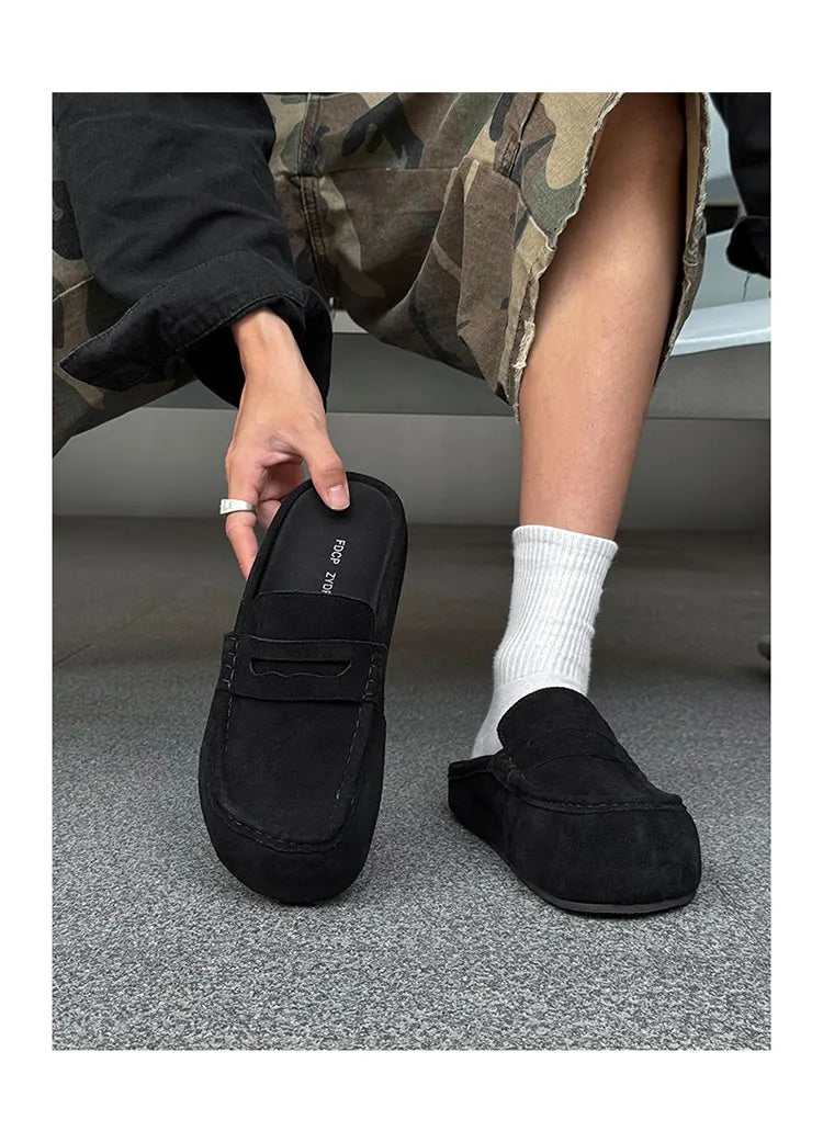 Suede Leather Open Back Casual Shoes Mules Men Backless Loafers Slippers Half Shoes Slip On Flats Vintage Man Slides Sandals