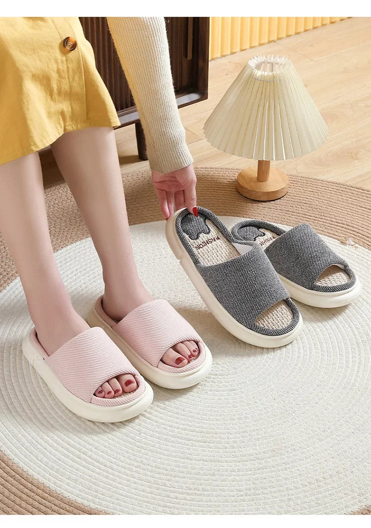 Couples Home Linen Slippers Women Indoor Soft Comfortable Bedroom Slides Men Leisure Non Slip House Shoes Platform Cotton Flats