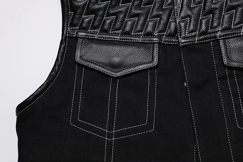 SOA Club Style Motorcycle Leather Vest Men Cowhide Denim Patchwork Waistcoat Sons of Anarchy Biker Vests Man Sleeveless Jacket